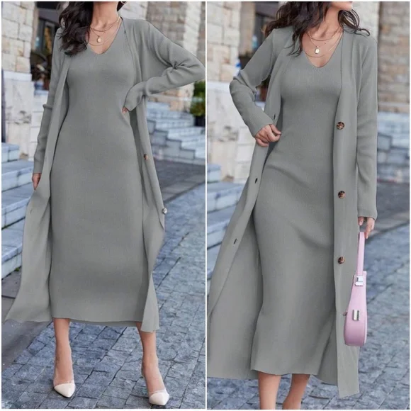 Classic Sleeveless Midi Dress Button Down Long Cardigan Set - Picture 6 of 8